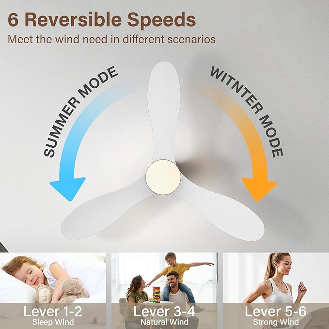 42" Wood Smart Ceiling Fans with Lights,Quiet DC Motor,Flush Mount Ceiling Fan with Remote,Alexa,APP, White Low Profile Hugger Fan for Bedroom,Living Room,Porch,Outdoor Indoor Use,Dimmable,3 Blades