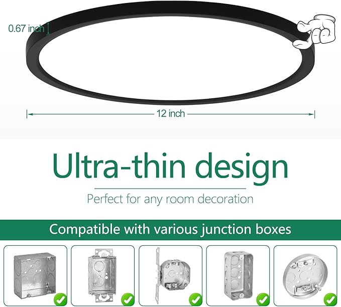 Brightever Black LED Flush Mount Ceiling Light, 24W 3200LM 5CCT Dimmable LED Ceiling Light Fixture, 2700K/3000K/4000K/5000K/6500K, 12 Inch Ultra Thin Ceiling Lamp for Bedroom, Dining Room, 2 Packs