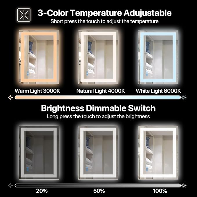 36x28 Bathroom Mirror with Light, Anti-Fog Wall Mount Vanity Mirror Dimmable & 3 Color Temperatures, Smart Memory Large Mirrors for Over Sink, UL Listed, Plug in or Hardwire Installation