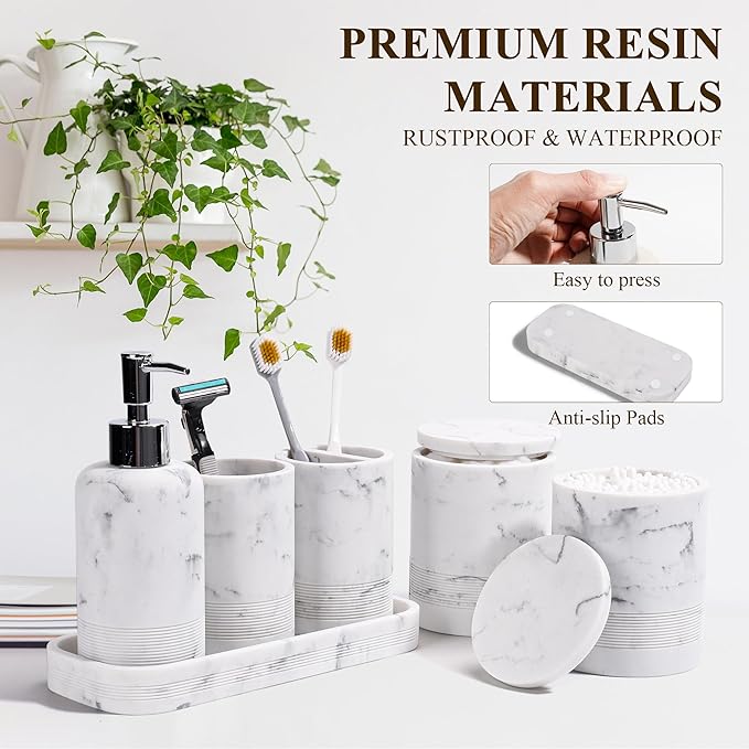 Bathroom Accessories Set, 6-Piece Bathroom Accessory Set, Toothbrush Holders Set, Soap Dispenser, Vanity Tray, Tumbler, Cotton Swab Jars, Bathroom Organizer for Modern Bathrooms (Marble White)