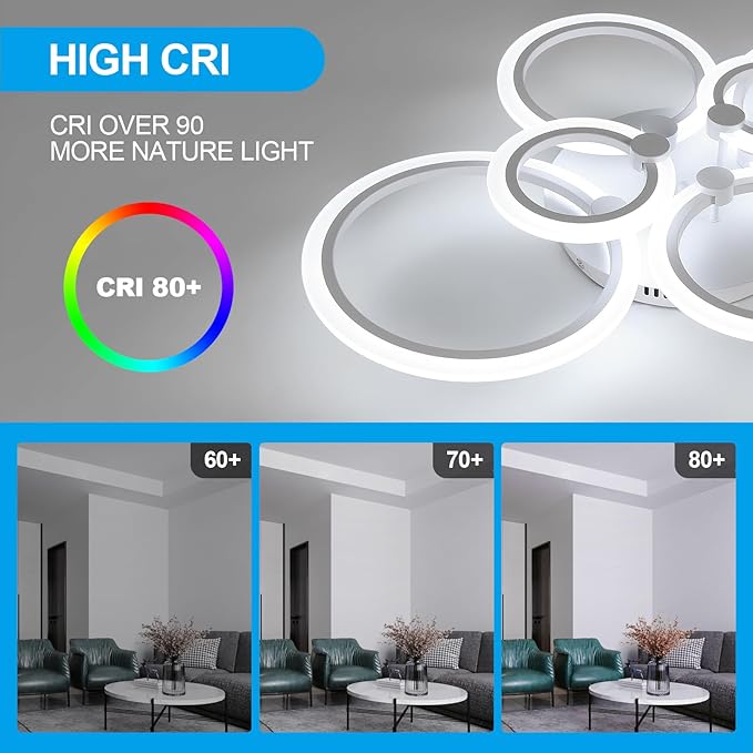 DELIPOP Modern Ceiling Light, White 6 Rings Flush Mount Ceiling Light, 31 Inch 6500K Cool White Led Chandelier Lighting for Bedroom, Living Room, Kitchen, Dining Room