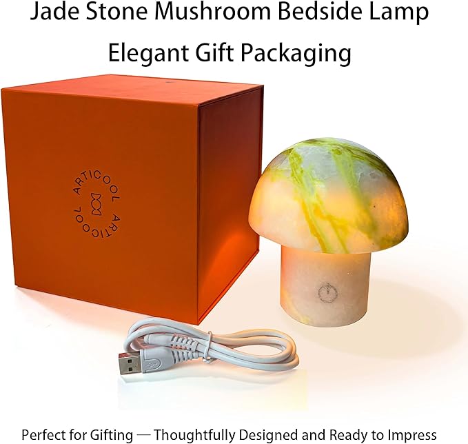 Arctic Green Gemstone Mushroom Lamp - Natural Luxury Stone Night Light with LED, Touch Control 3 Brightness, USB Rechargeable Bedside Decor Gift