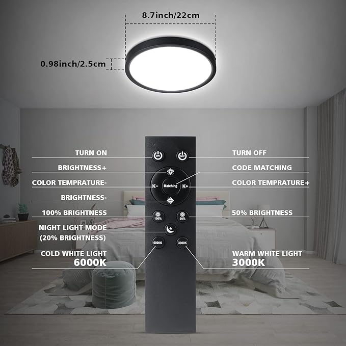 Unicozin Dimmable LED Flush Mount Ceiling Light with Remote Control, Wired 3000K-6000K Color Changing, 8.7Inch 18W(100W Equiv) 1500LM, Round Flat Ceiling Lamp Black for Bedroom, Living Room, Kitchen