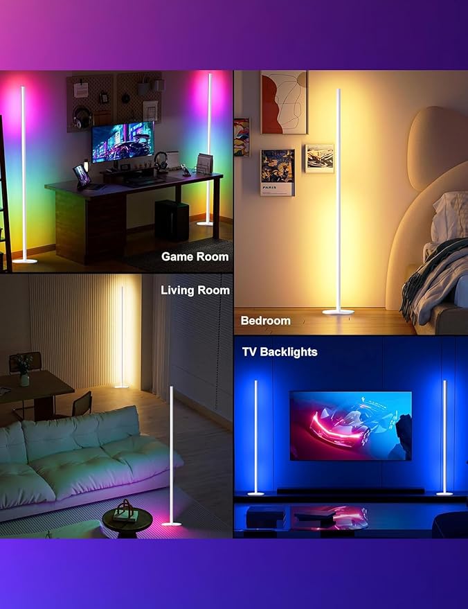 White Corner Floor Lamp Pair, RGB IC Corner Lamps with APP & Remote Control, 16 Million Colors, Timing, Color Changing Ambient Lighting for Living Room Bedroom Gaming (Share One Adapter)