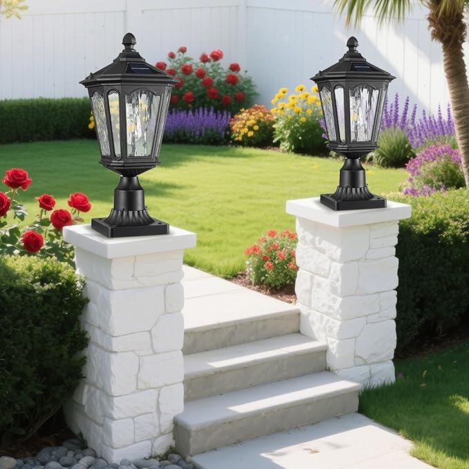 18.5" Black Solar Powered Outdoor Post Light Fixture with Remote Control, Dusk to Dawn LED Pole Lamp Waterproof Exterior Pillar Lantern Post Lighting for Pathway Garden Patio Gargae