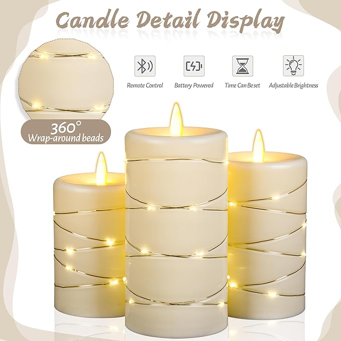 Upinmz Flickering Flameless Candles with String Lights, Battery Operated Candle, LED Candles Unbreakable Acrylic Candles with Remote Control and Timer -3 Pack Ivory White