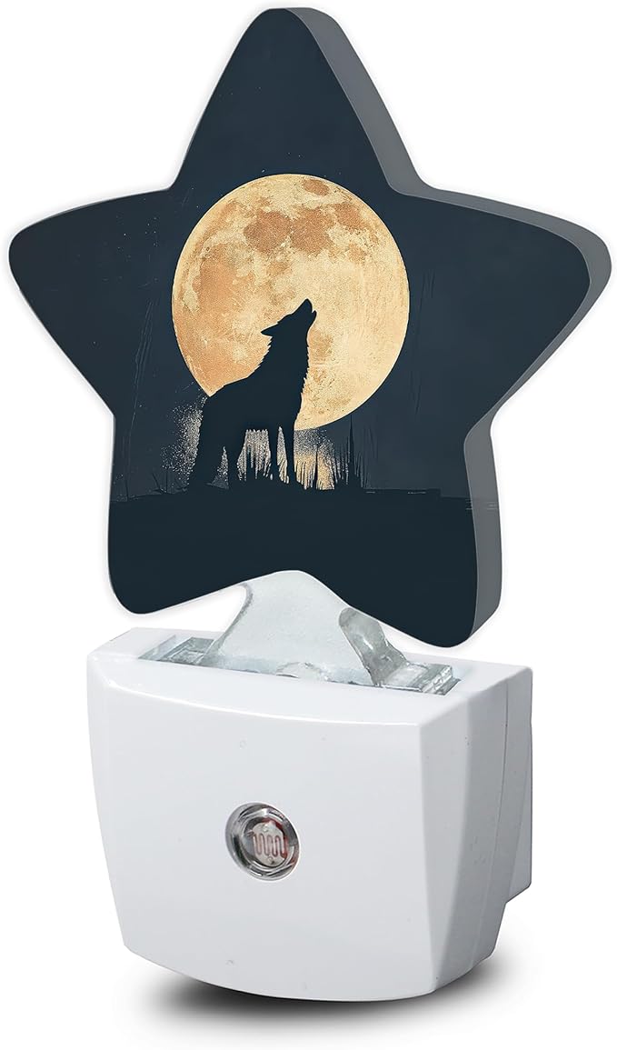 Black Wolf Moon Night Light,Animals Plug-in Star Night Lights with Dusk-to-Dawn Sensor for Bedroom,Bathroom,Living Room Sleep Friendly Lamp for Women Girls Boys Gift,0.5W