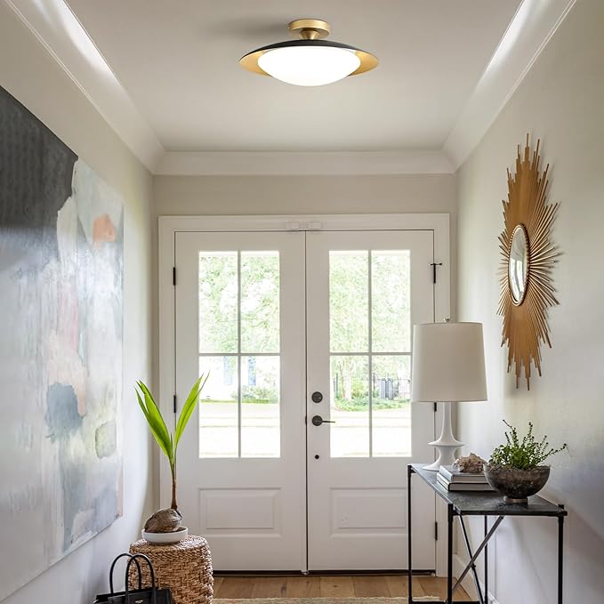 Dimmable Mid Century Modern Ceiling Light,5CCT LED Black and Gold Semi Flush Mount Ceiling Lighting, for Kitchen Bedroom Hallway Bathroom 2700K-6000K 15.75 in