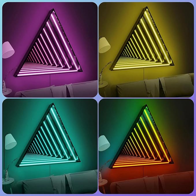3D Infinity Mirror Light, 28" Triangle LED Tunnel Wall Light with 358 LEDs, App & Remote RGB Color Changing Mirror for Gaming Room Decor, Party, Bar, Geometric Art Deco Wall Mounted