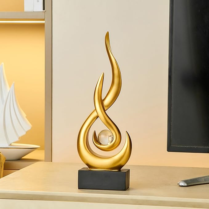 Gold Flame Statue Decor for Living Room, 11.8″ H Modern Minimalist Sculptures Home Decorations for Dining Room, Abstract Art Sculpture for Shelf Coffee Table Centerpiece
