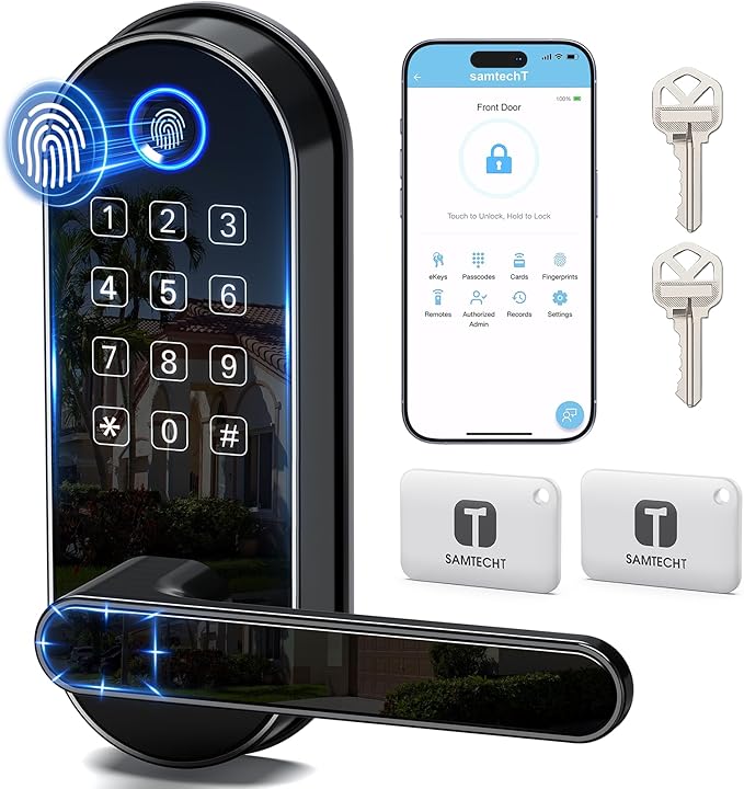 Bluetooth Fingerprint Smart Lock with Handle & Keypad – Fits Most US Doors, DIY Install, Keyless Entry: Code, FOB, Auto-Lock. Ideal for Home, Airbnb, Rental, Kids, Seniors. Alexa & Google Compatible