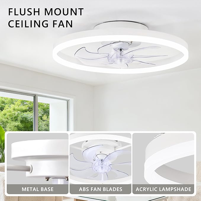 20" Low Profile Ceiling Fans with Lights and Remote & APP, Dimmable 3000-6500K LED Fandelier Ceiling Fan with Light, Modern Flush Mount Ceiling Fan Light for Living Room, Bedroom and Kitchen