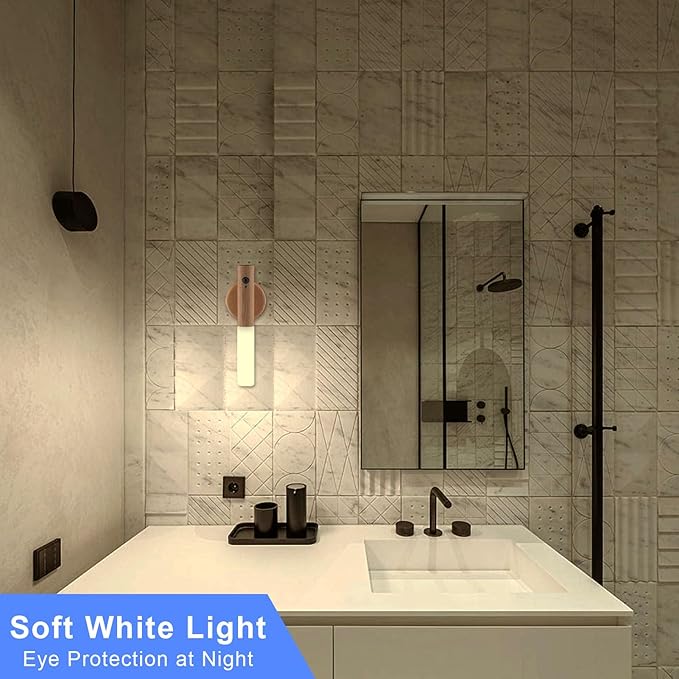 LANDGOO LED Wall Sconces Motion Sensor Lights Portable 360° Lamps Battery Operated Rechargeable Warm Vanity Lighting Fixture Modern for Living Room Bedroom (White Ash Wood 1PC)