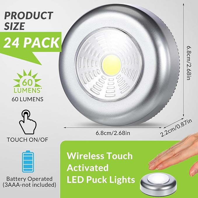Macarrie 24 Pack Push Tap LED Puck Lights, 2.68" Mini Wireless Touch Night Light, 60 Lumens Battery Operated Stick on Lights for Under Cabinet, Kitchen Counter, Closet & Wall(Silver)