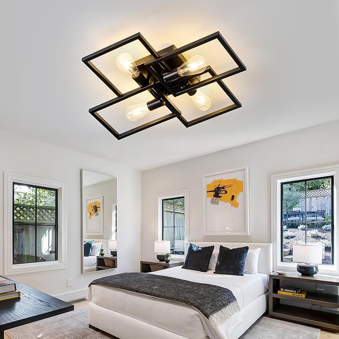 ASGYISA Black Industrial Semi Flush Mount Ceiling Light Kitchen Light Fixtures 4-Light Modern Large Matte Sputnik Chandelier for Dining Room Bedroom Farmhouse Living Room
