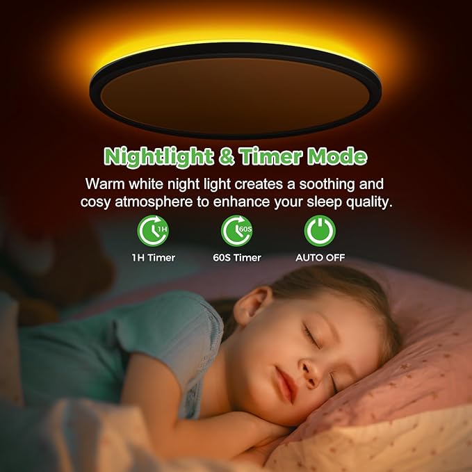 zemty 15 Inch LED Ceiling Light with Night Light 1800K, 3000K/4000K/6500K Dimmable Fixture with Remote Control, Low Profile Lighting for Bedroom Living Room Kitchen-Black
