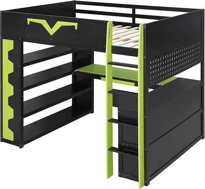 Full Size Gaming Loft Bed with Integrated Desk & RGB LED Lights,Bunk Bed with Power Outlet, Large Bookshelf, Pegboard, Keyboard Tray & Drawer (Green-Bo, Full)