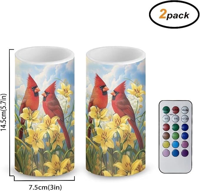 Cardinal Bird Flameless Candles 2 Pack 6 x 3 inch Battery Operated Candles with Multicolor Timer Remote Control LED Fake Candles for Warm Light Dinner Table Home Decor