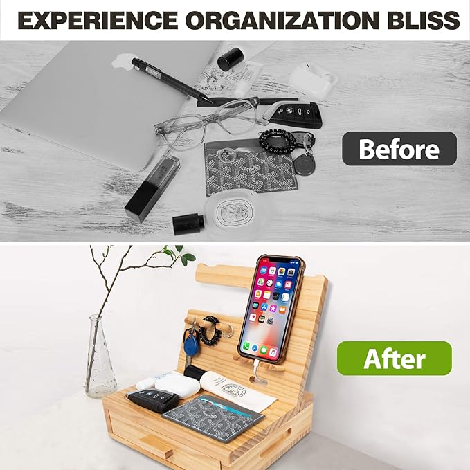 Solid Wood Nightstand Organizer, Docking Station, Gifts for Men, Made of Cedar, Versatile Bedside Table Organizer for Cellphone, Watch, Headphone, Keys Natural Wood