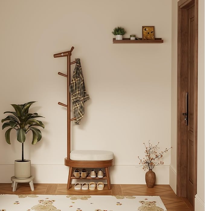 AQIMUELE Shoe Bench Entryway,Coat Rack with Shoe Storage, Coat Rack and Shoe Rack, Wooden Narrow Shoe Bench（Walnut）