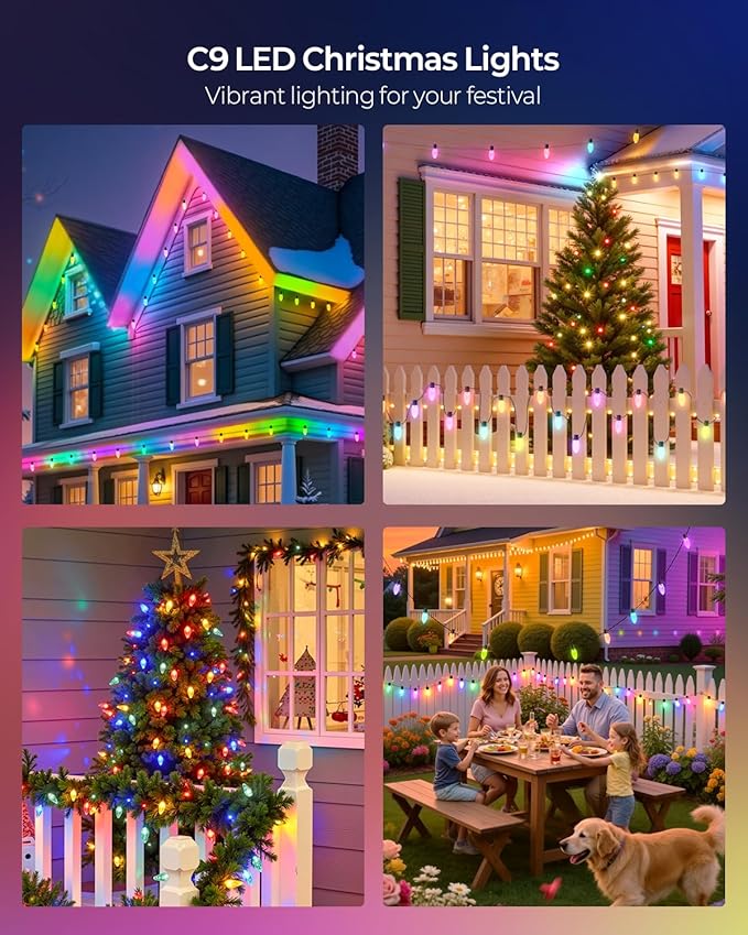YAYZA! Smart C9 Christmas Lights Outdoor, 150 LED 115 FT RGB C9 String Lights with APP & Remote Control, 105 Modes, Music Sync, Connectable Waterproof Christmas Lights for Roofline Patio Xmas Decor