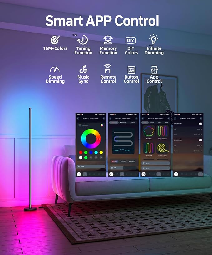 Smart RGB LED Corner Floor Lamp, Color Changing Standing Lamp with 16 Million Colors, Music Sync Ambient Lighting,Remote & App Control Modern Floor Lamp for Living Room, Bedroom, Gaming Room Decor