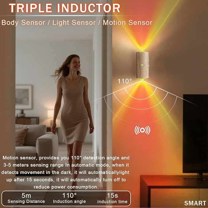 LED Wall Mounted Lights 2 Pcs,Battery Operated Wall Sconce with Motion Sensor, Up/Down Lighting Design 1500mAh Rechargeable Cordless Wall Lights for Indoor Bedroom Hallway (Light Wood Color)