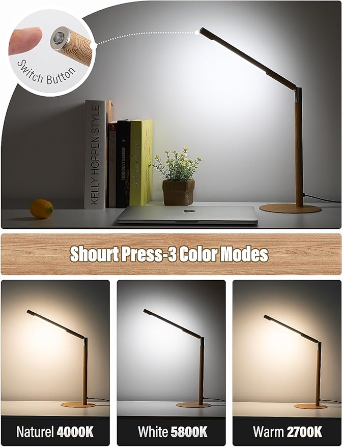 LED Desk Lamp, Home Office Eye Lamp, 3 Modes, Infinitely Adjustable Brightness, Metal, Multi-Angle Adjustment, Detachable Desk Lamp with USB (Wood Grain)