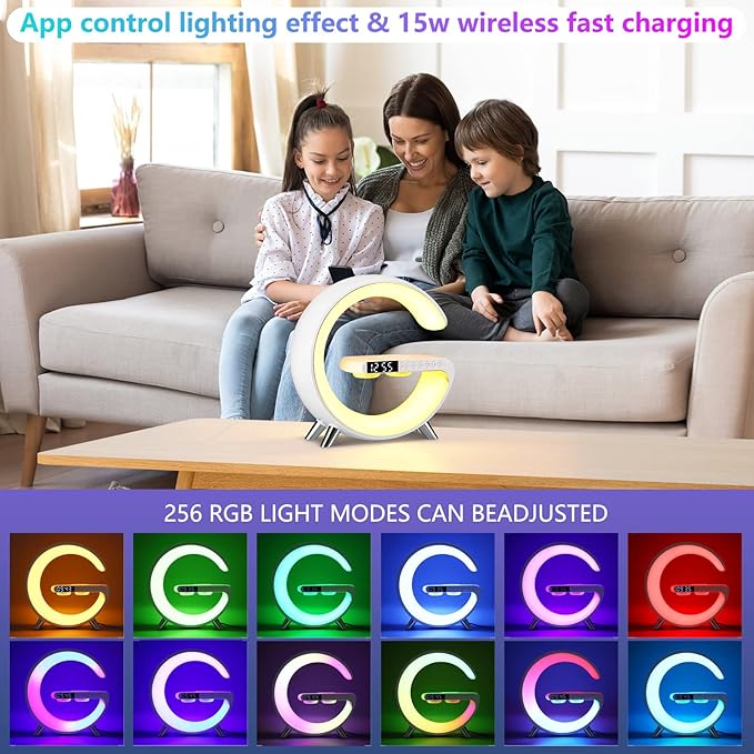 Wireless Charger Atmosphere Lamp, 2026 New Intelligent LED Table Lamp, Bluetooth Speaker, Dimmable Night Light Bedside Lamp Alarm Clock with Music Sync, App Control for Bedroom Home Decor Gift (White)