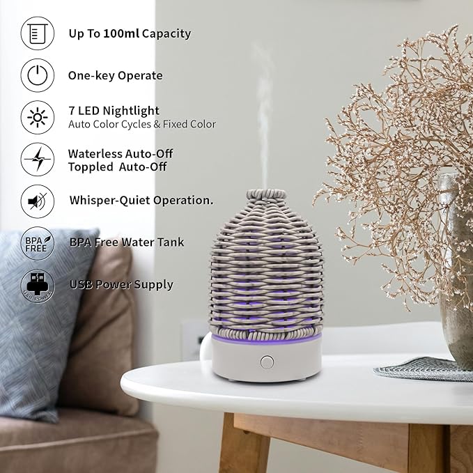 Essential Oil Diffuser - Multifunction Aromatherapy Diffuser 7 LED Color Changing Light 100ML Rattan Diffuser Easy to Clean Suitable for Home,Office (Grey)