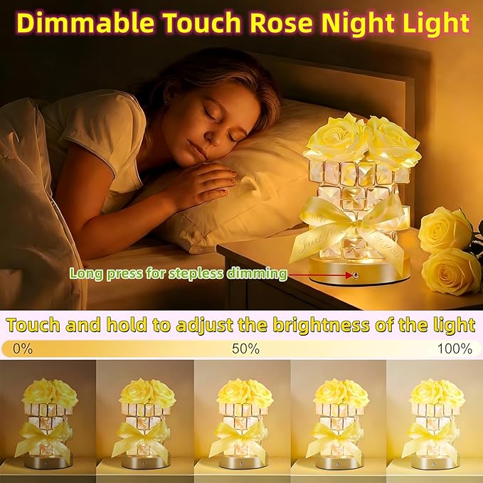 Rose Flower Lamp,Rechargeable Cordless Touch Table Lamp for Bedroom,3-Colour Dimming Flowers Night Light,Crystal Bedside Lamps with USB Charge,Birthday Valentine's Day Gifts for Women,Mom,Wife,Her