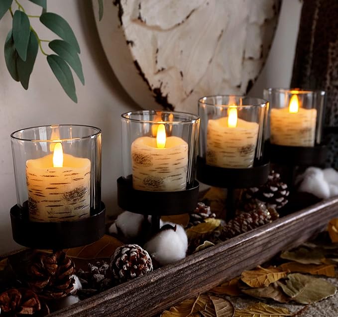 Homemory Flameless Votive Candles with Remote, 2" x 2" Birch Bark Real Wax, 400+Hour Realistic Black Wick Battery Operated Fake Candles, 6 Pack for Wedding, Party and Holiday Decoration