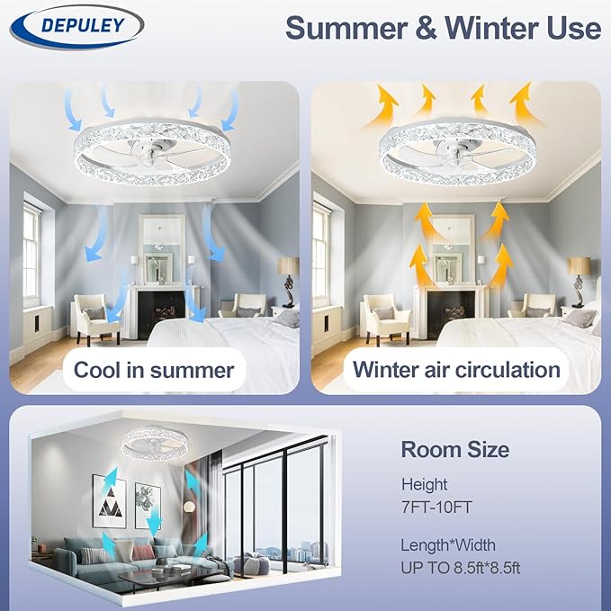 Depuley Ceiling Fans with Lights and Remote: 20" Modern Low Profile Flush Mount LED Ceiling Fan for Bedroom App Control - White Crystal Bladeless Fandelier for Living Room Kitchen Dimmable DC Motor