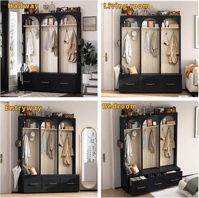 Bellemave Farmhouse Hall Tree with Bench and 3 Drawers, Entryway Bench with Coat Racks and Shoe Storage, 4 Hooks and Shelves (Black)
