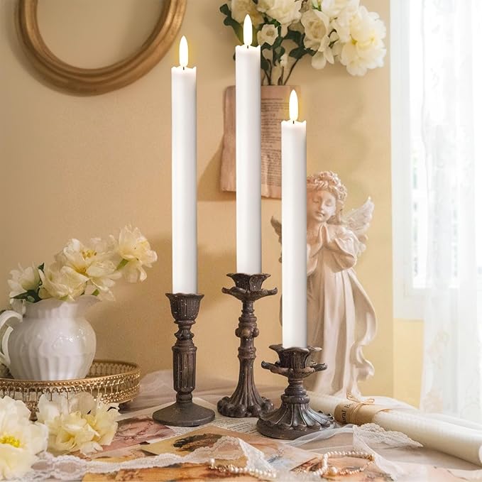 GenSwin Flameless White Taper Candles Flickering with 10-Key Remote, Battery Operated Led Warm 3D Wick Light Window Candles Real Wax Pack of 3, Christmas Home Wedding Decor(0.78 X 9.64 Inch)
