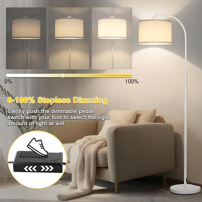 Floor Lamps for Living Room, White Arc Floor Lamp with Stepless Dimmer, Modern Standing Lamp with Adjustable Drum Shade, Tall Pole Lamp for Bedroom Study Room Office, 9W 3000K LED Bulb Included