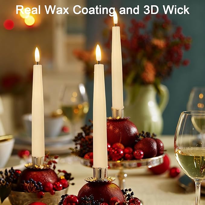 Real Wax Flameless Taper Candles with 6H Timer, LED Flickering Taper Candles Battery Operated with 3D Wick, 4 Pcs Ivory Flameless Candlesticks for Spring Wedding Home Decor