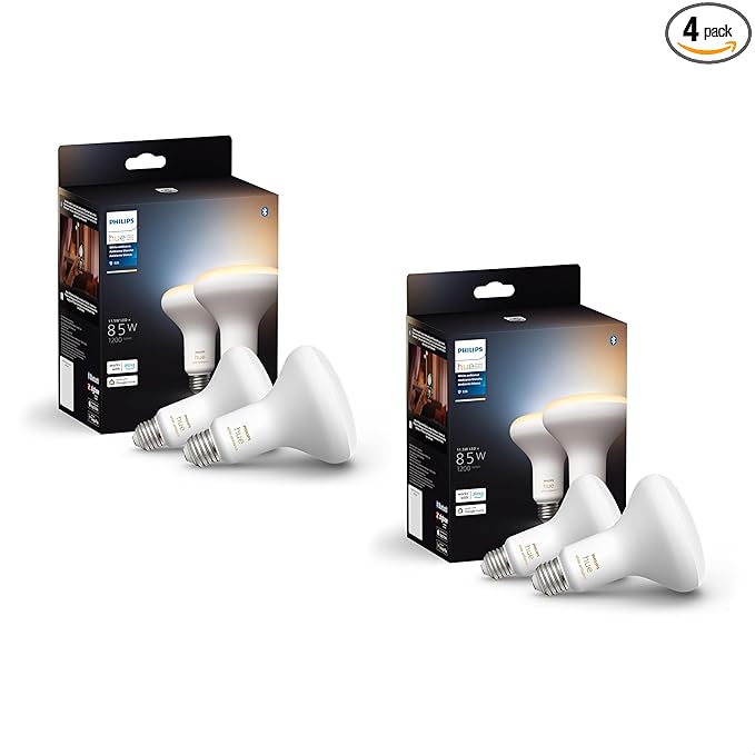 Philips Hue BR30 85W Smart LED Light Bulbs - White Ambiance - 4 Pack - 1200LM - E26 - Indoor - Control with App - Compatible with Alexa Google Assistant, and Apple Homekit