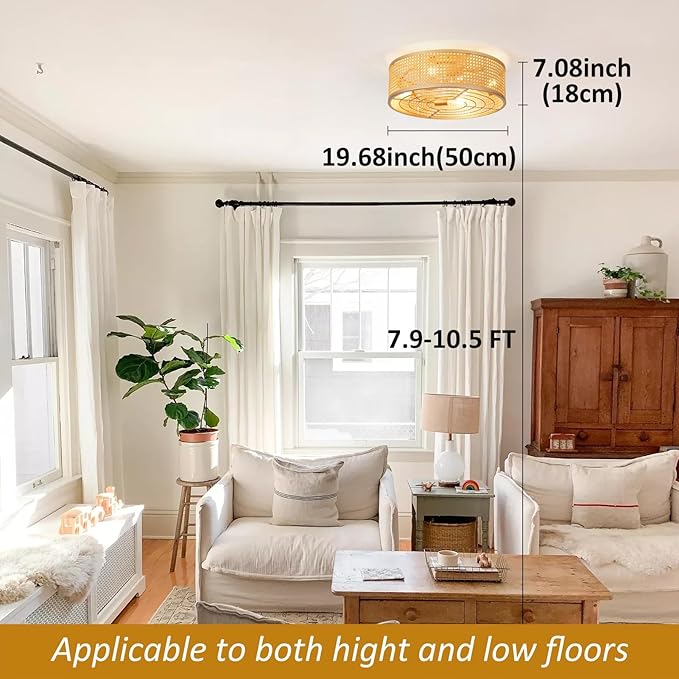Boho Caged Ceiling Fan with Light, 20'' Rattan Flush Mount Ceiling Fan with Light and Remote Control for Bedroom Kitchen Living Room