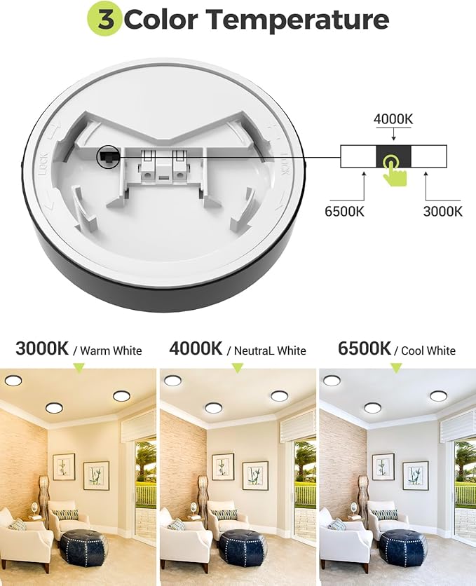 1PACK LED Flush Mount Ceiling Light Fixture Black,4.7Inch 3000k/4500k/6000K Ceiling Light, Ultra-Thin LED Recessed Ceiling Light for Bedroom, Living Room, Kitchen, Hallway