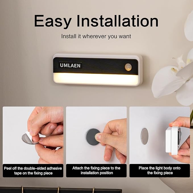 2 Pack Motion Sensor Lights Indoor, 1800mAh Rechargeable Motion Activated Night Light, 3 Colors | 2 Modes Stick On Lights for Stairway, Stair, Bedroom, Hallway, Kitchen, Cabinet, Closet