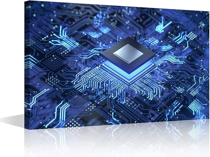 TUMOVO Office Wall Art Circuit Board Canvas Wall Art CPU Concept Contemporary Modern Artwork Computer Chip Pictures Wall Art for Living Room Bedroom House Decorations Framed Ready to Hang - 18x12in