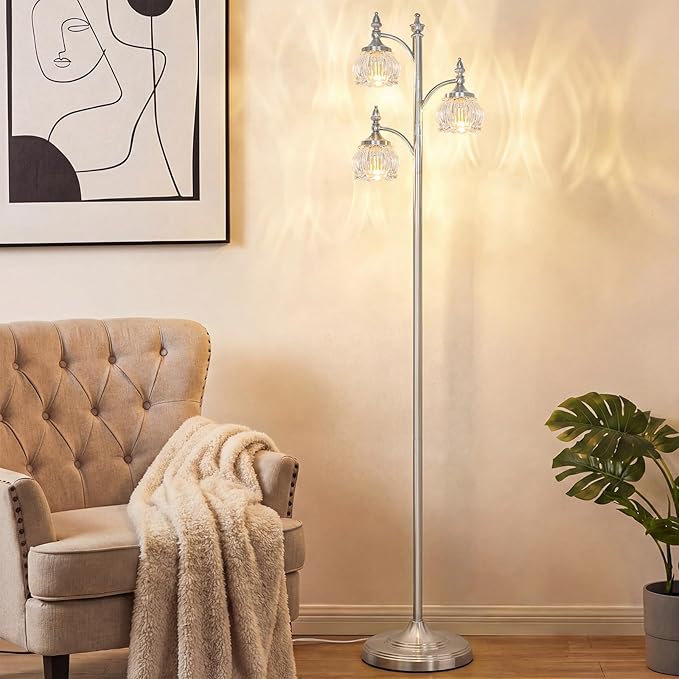 Brushed Nickel Floor Lamps for Living Room Silver Flower Standing Lamp with 3 Brightness Lights Glass Shades 66.5in Lamp for Bedroom Office(3LED Bulbs Included)
