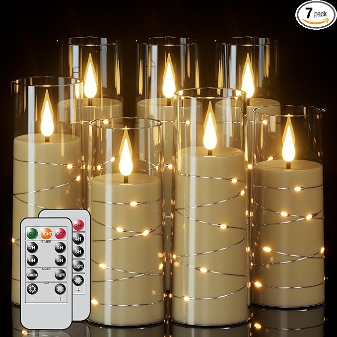 Wondise Flameless Flickering Candles with Embedded Star String Remote and Timer Battery Operated Flickering LED Candles Durable Acrylic Shell Pillar Candles for Christamas Home Decoration (7pack