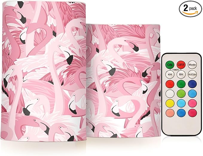 Pink Flamingos Flameless Candles Color Changing LED Candles with Remote Control Battery Candles for Outdoor and Indoor Home and Room Decoration, 3'' x 4''/5'' Set of 2 Pieces