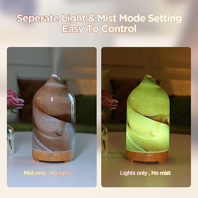 Essential Oil Diffuser Hand Blown Glass Aromatherapy Diffuser - Ultrasonic Cool Mist Scent Aroma Diffuser, Whisper Quiet with Auto Shut-Off, Timer Setting &7 Colors Night Light for Home