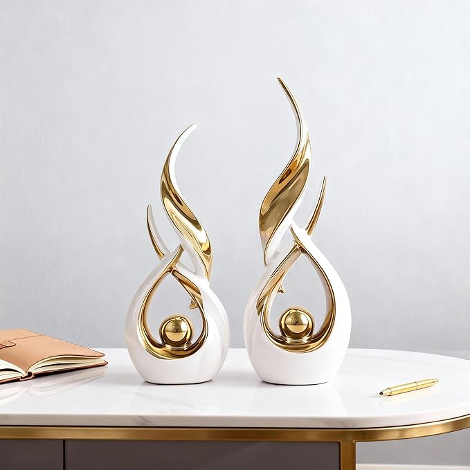 2-Piece Abstract White and Gold Home Decor, Ceramic Abstract Sculpture, Modern Art Piece, Suitable for Room Coffee Table Countertops, Office Bookshelves, Dining Table Centers, Entryway Decor.