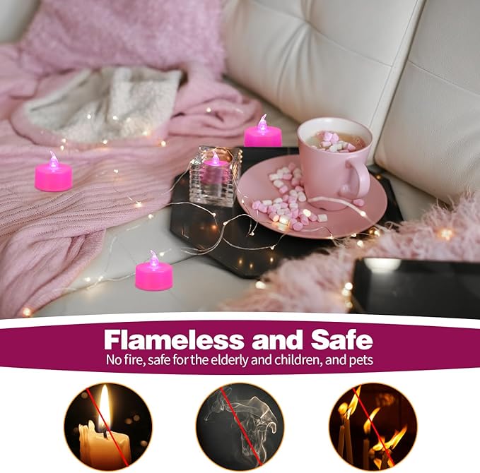 KOABY 24 Pack Pink Light Non-Flickering Flameless Tea Lights, Pink Base, Last 100H+, Battery Operated Tea Lights for Decor