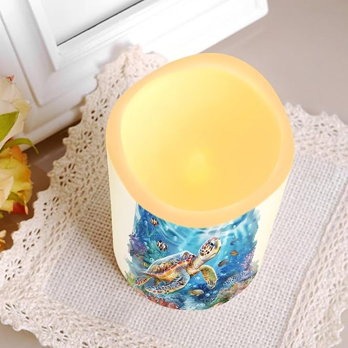 Sea Turtle Pillar Candles Bulk Led Flameless Battery Operated Candles with Timer Remote Color Changing Electric Fake Candles for House Warming Home Decorations Set of 4