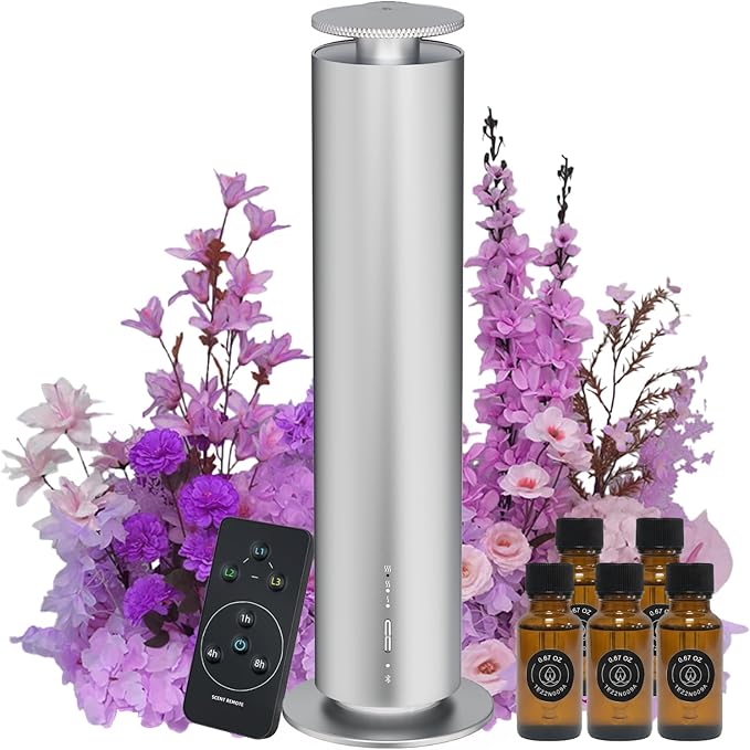 Waterless Essential Oil Diffuser, Long Lasting Aromatherapy Scent Diffuser for Home with Light Mode, 1500 Sq. Ft Coverage Quiet Oil Diffusers for Bedroom Safe for Kids&Pets, Silver